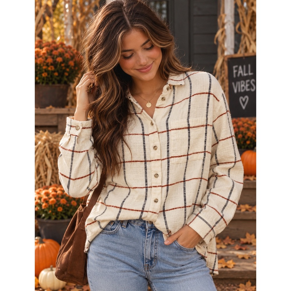 Madewell Womens Plaid Button Down Shirt Cream Navy Rust Windowpane Small